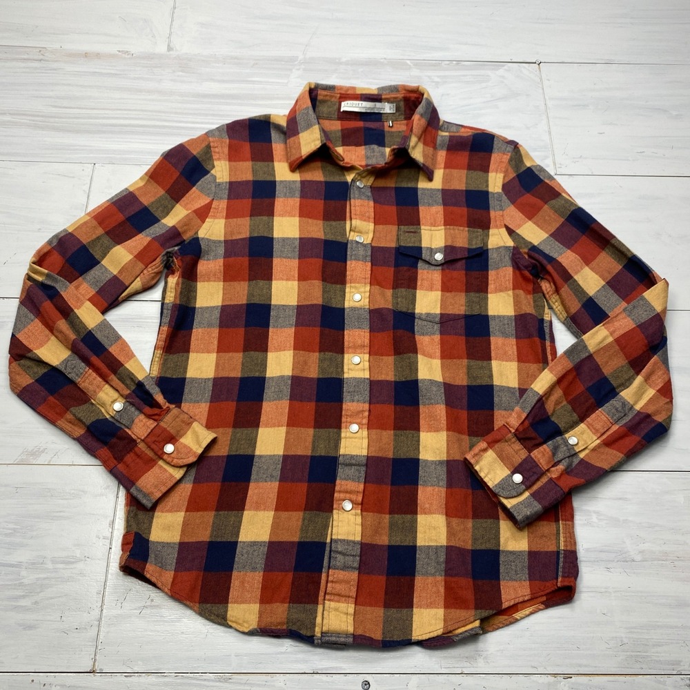 Criquet Plaid Flannel Shirt Mens Small Orange Navy Cotton‎ Snap Front Casual